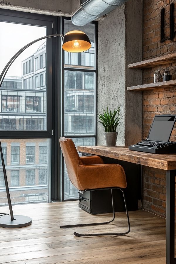 masculine home office with dark wood desk, leather chair, vintage decor