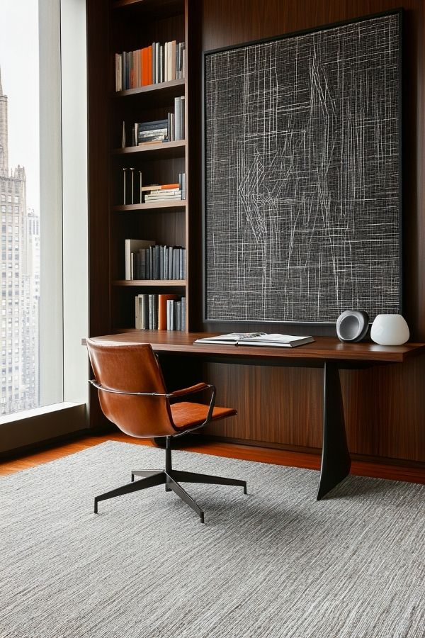 masculine home office with dark wood furniture and leather chair decor