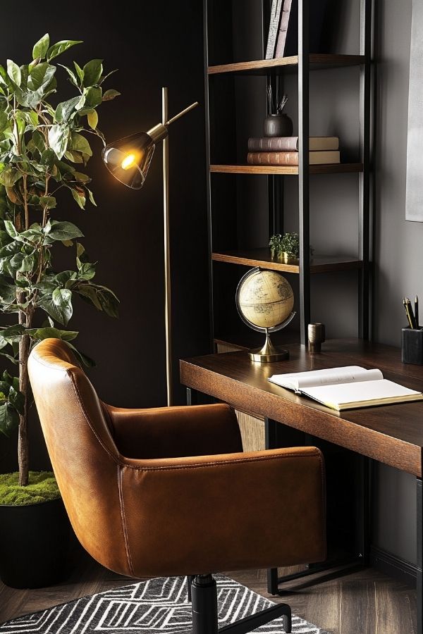 Masculine home office with dark wood desk, leather chair, and bookshelves.