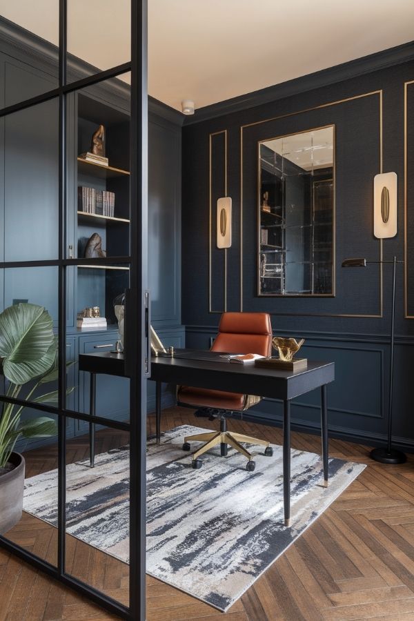 Masculine home office: dark wood furniture, leather chair, industrial decor, minimalistic design.