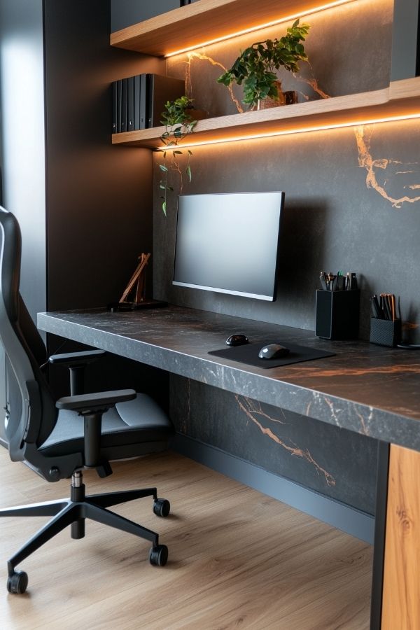 Masculine home office with dark wood desk, leather chair, minimalist decor.