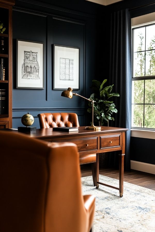 Masculine home office with dark wood furniture and leather chair.