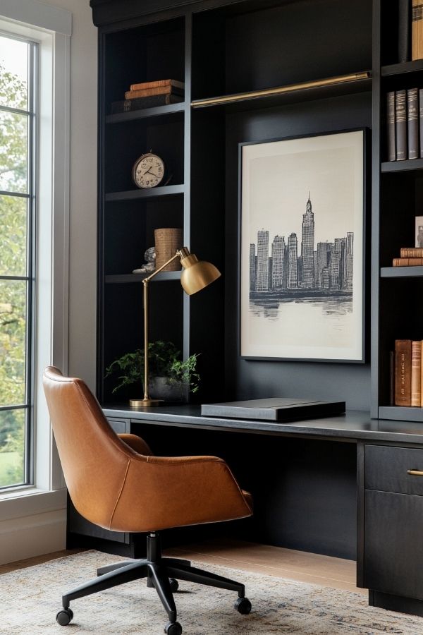 Masculine home office with leather chair, dark wood desk, bookshelf.