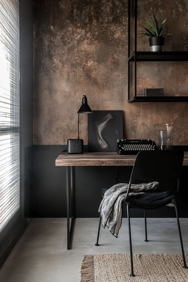 masculine home office with dark wood accents and leather chair.