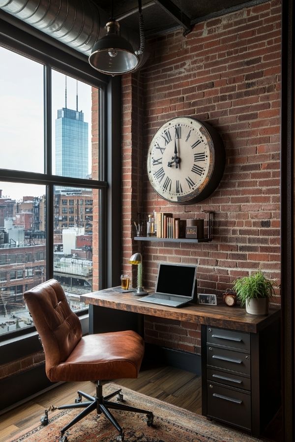 Masculine home office with dark wood furniture, leather chair, modern decor.