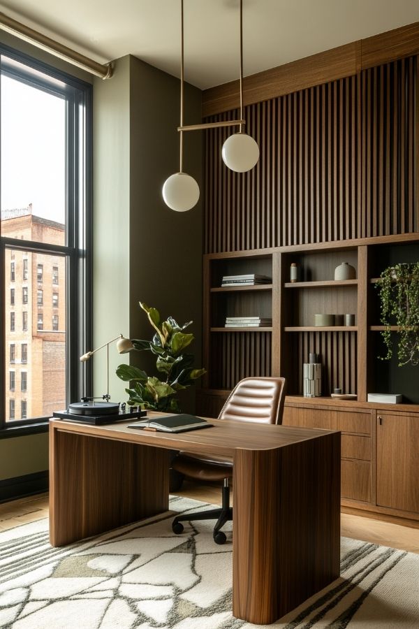 masculine home office sleek dark furniture, leather chair, rustic accents, dim lighting.