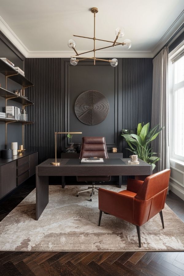 masculine home office with dark wood furniture, leather chair, organized shelves