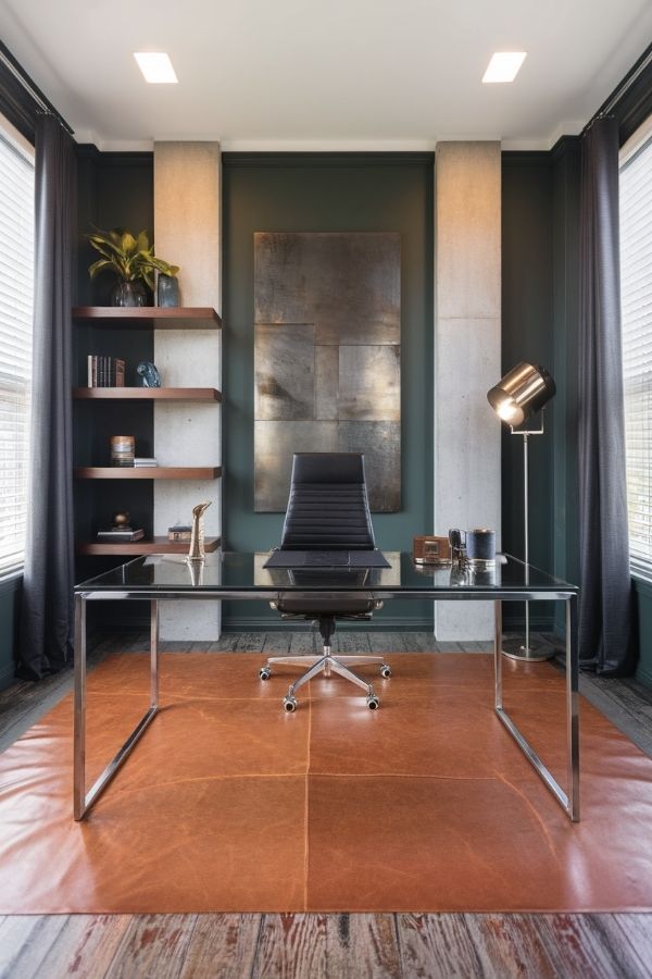 Masculine home office with dark wood desk, leather chair, minimalist decor.