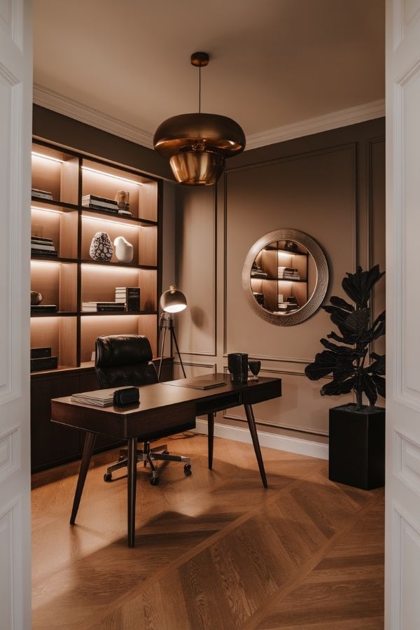 masculine home office with dark wood desk, leather chair, bookshelf, globe.