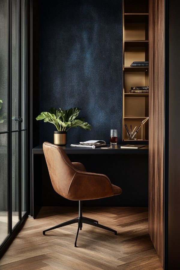 masculine home office with dark wood desk, leather chair, industrial decor.