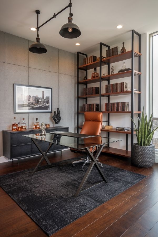 masculine home office: dark wood furniture, leather chair, metallic accents, minimal decor, bookshelves