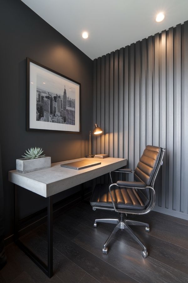 masculine home office with leather chair, dark wood desk, bookshelf, dim lighting.