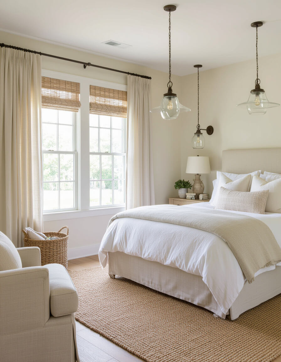 Mason jar pendant lights hanging in cream farmhouse bedroom with jute rugs and linen curtains creating rustic lighting ambiance