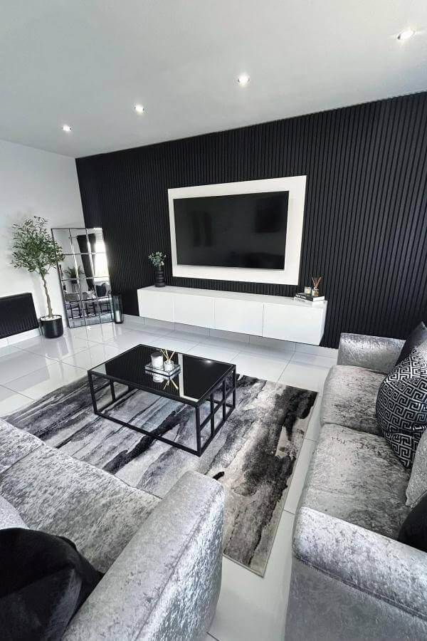 Sleek Harmony: Monochrome media wall showcasing modern media wall ideas.