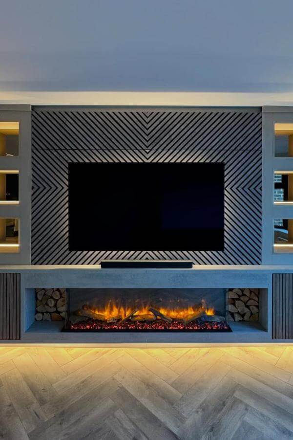 Diagonal Symphony: Captivating Fireplace Drama, enhancing media wall ideas creatively.