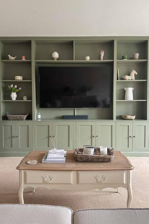 Sage Serenity transforms living spaces, offering innovative media wall ideas.