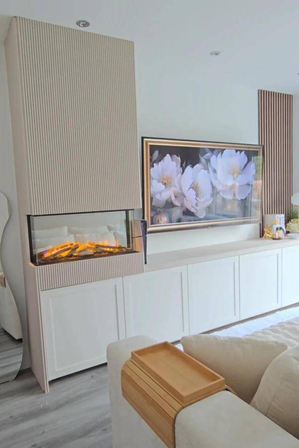 Ivory elegance with ribbed texture enhances media wall ideas beautifully.