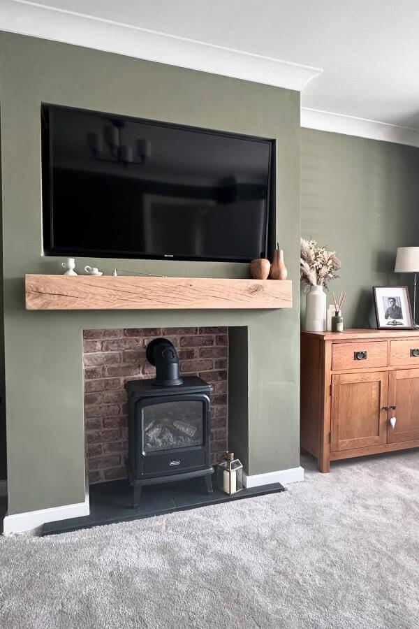 Rustic charm, forest green calm, media wall ideas, cozy sophistication.