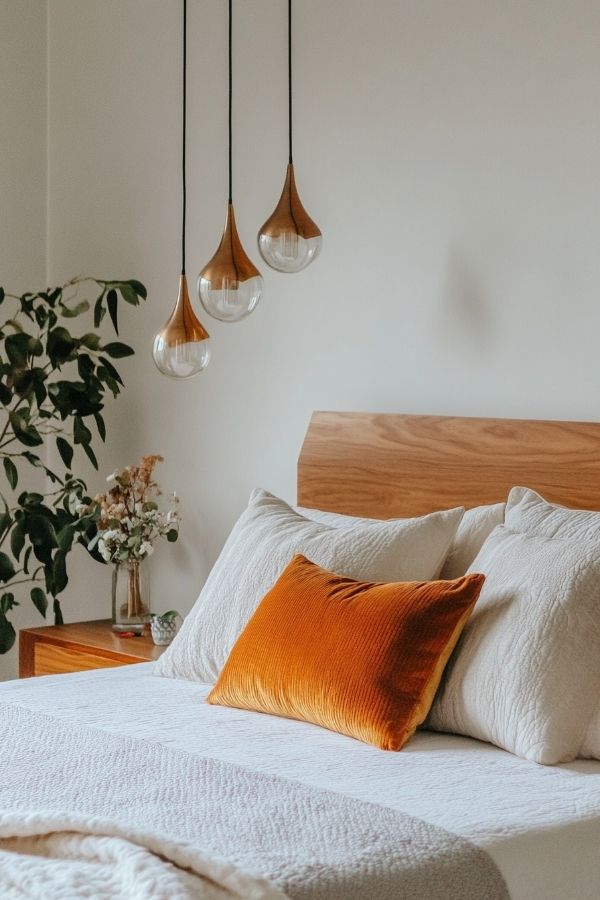 Mid century modern bedroom with sleek lines and earthy tones.