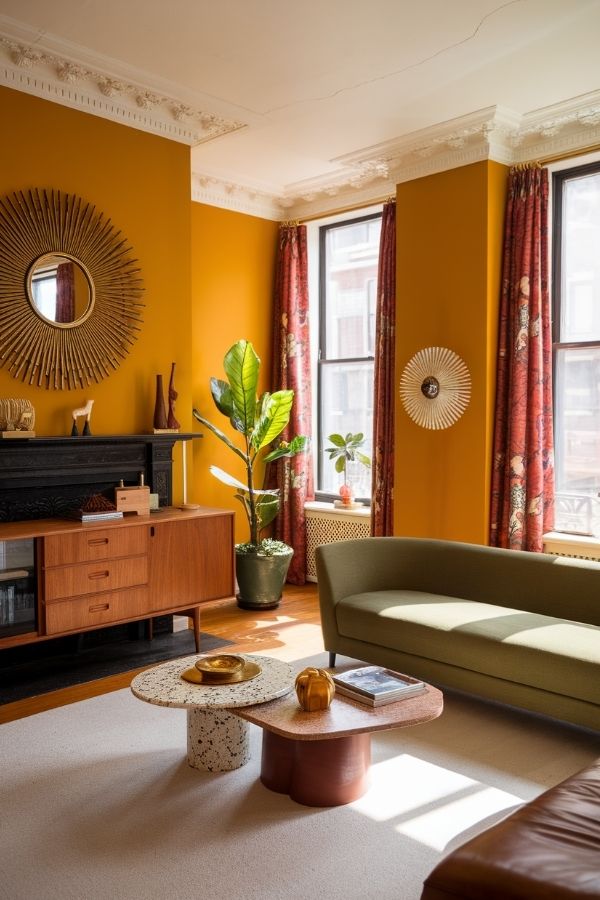 Vintage charm exudes from bold mustard walls in cozy ambiance.