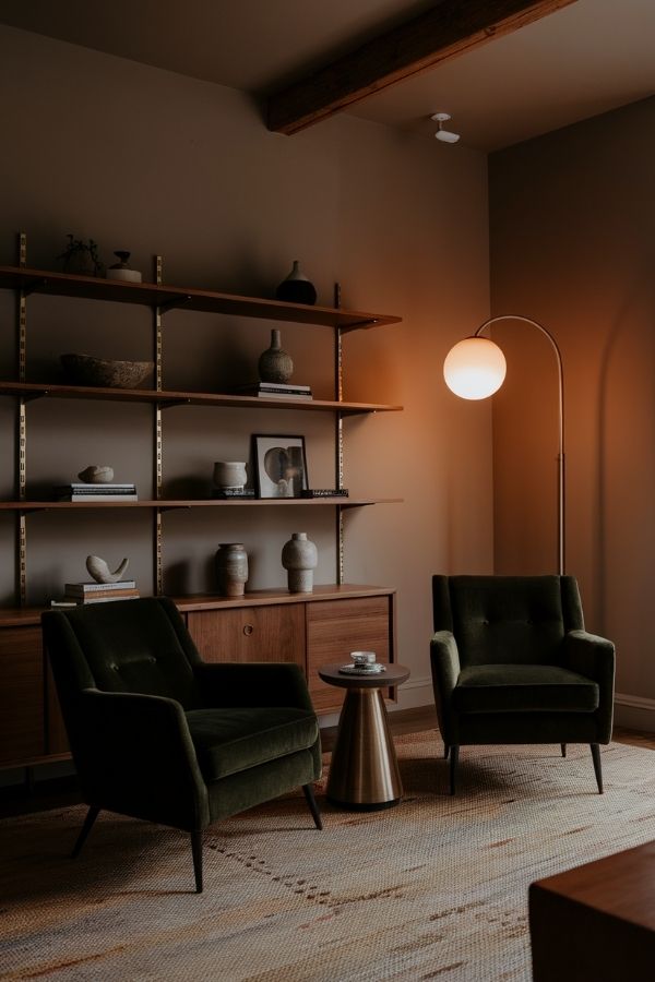 A cozy room featuring dark tones and lush green highlights.