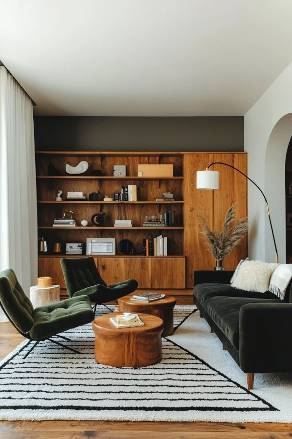 Luxurious room with rich wood paneling and plush velvet accents.