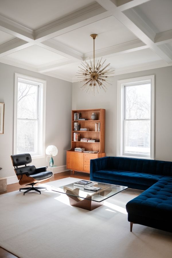 Mid-century room with elegant blue accents and wooden furniture.