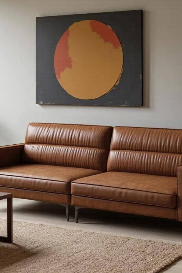 Rich leather sofa from Dunelm complements the sunset art, ideal for mid-century modern design inspiration.