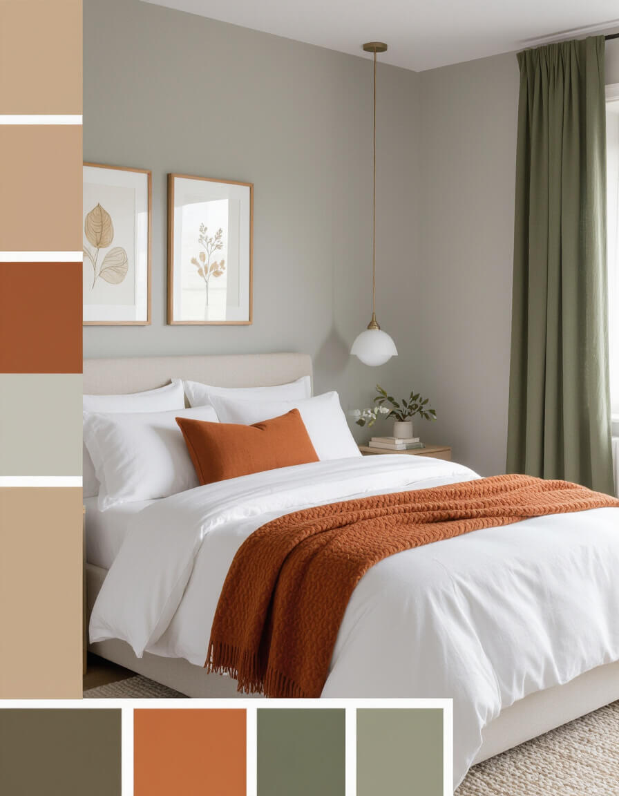 Minimalist autumn bedroom featuring soft gray walls, white bedding with muted orange accent pillow, and olive green curtains showcasing minimalist fall decor palette