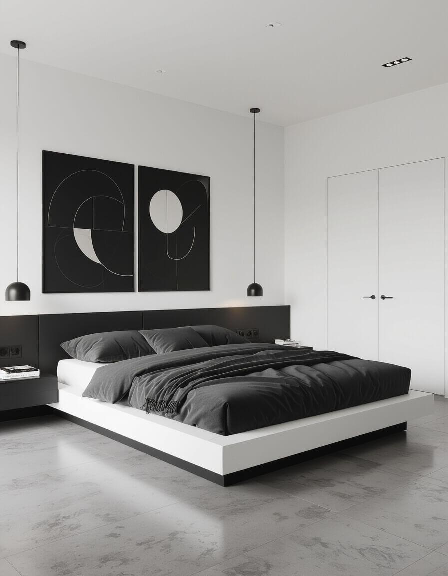 Sleek black platform bed with white bedding in minimalist bedroom featuring polished concrete floors and clean white walls showcasing monochrome design elements