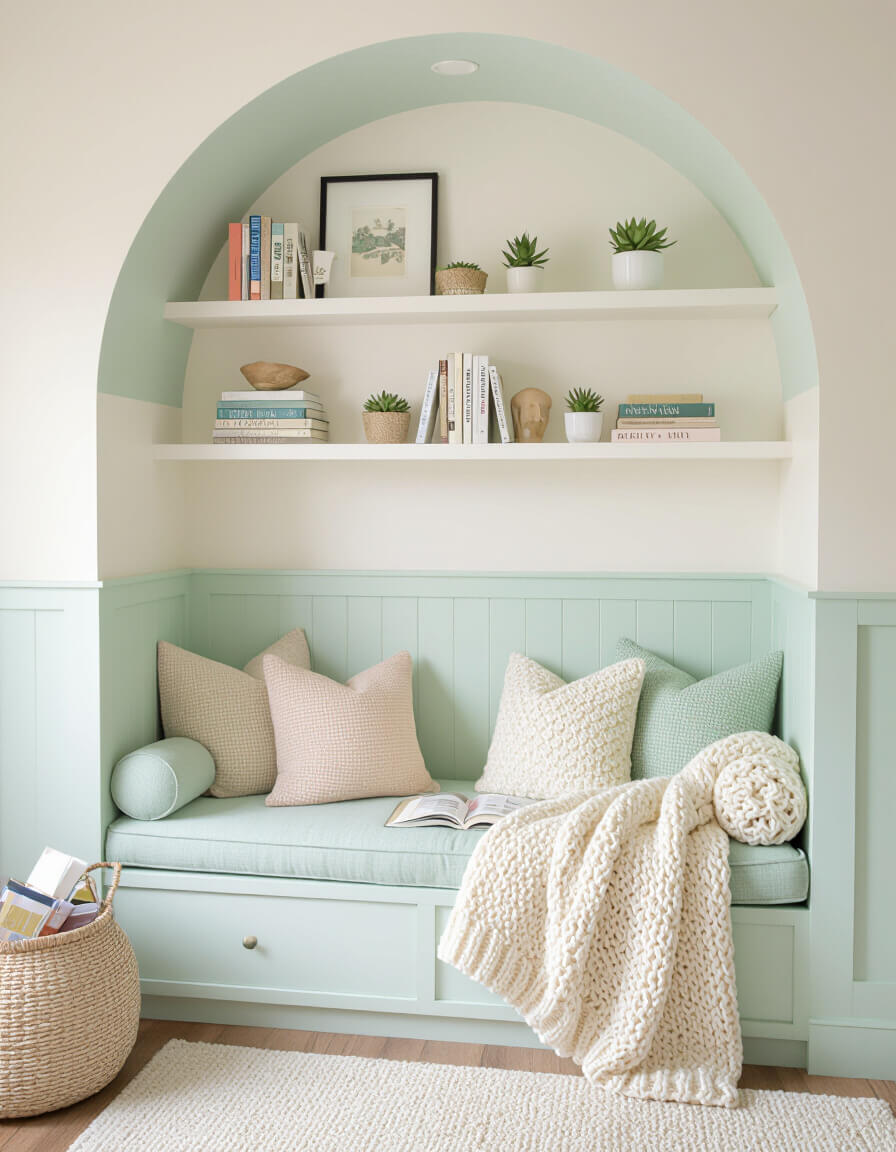 Cozy mint green reading corner with white floating shelves, books, and succulents in pastel bedroom setting