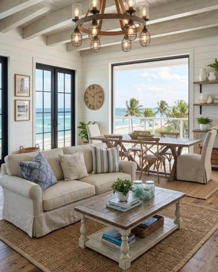 Beige and blue coastal living room featuring rustic wood furniture and woven accents near ocean view window by @farmhouse.decoration with cozy modern charm