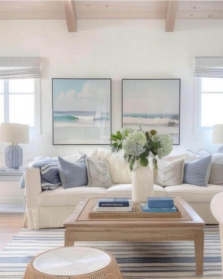 Soft blue coastal paintings and natural textures from @beach_life_living bring fresh, airy vibes to a beach-inspired living space.