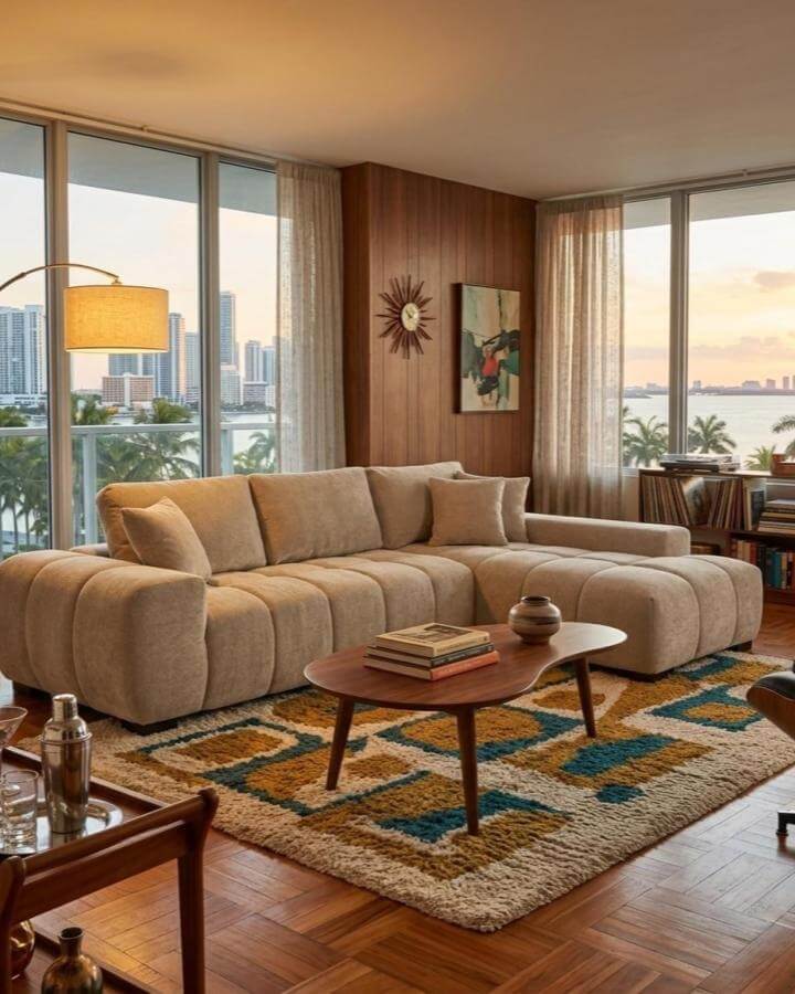 Beige curved sofa in a modern coastal living room ideas setting with wooden accents and large windows overlooking water.