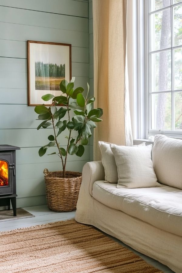 Modern cottage living room with cozy fireplace and rustic accents.