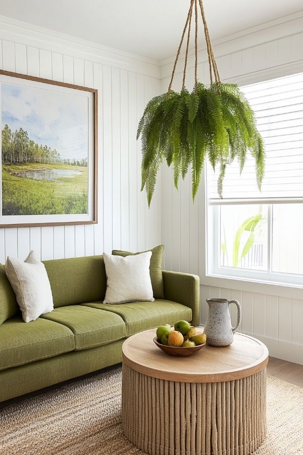 Modern cottage living room with cozy fireplace, rustic beams, and plants.