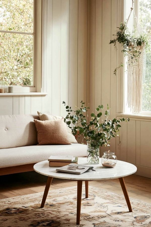 Modern cottage living room with rustic beams, cozy seating, large windows.