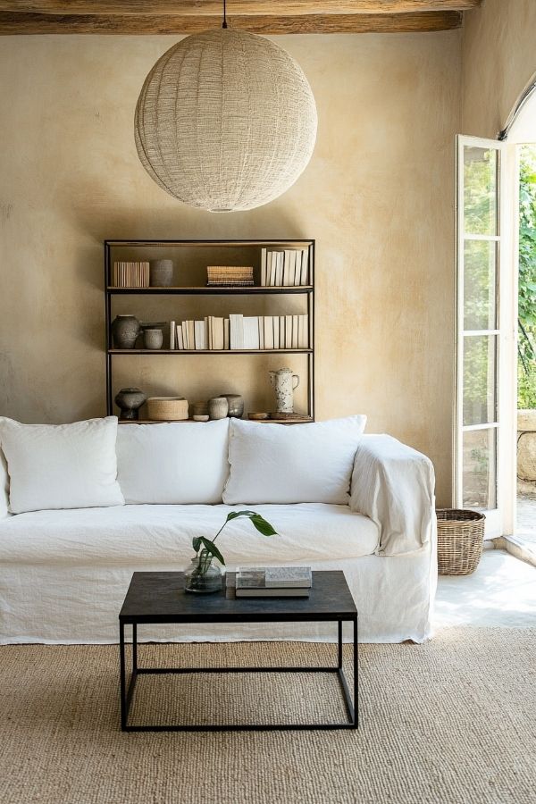 Modern cottage living room with rustic beams, cozy seating, and fireplace.