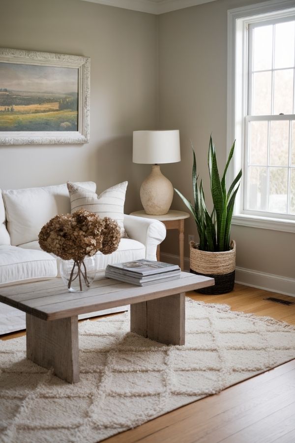 Modern cottage living room with cozy furnishings and natural light.