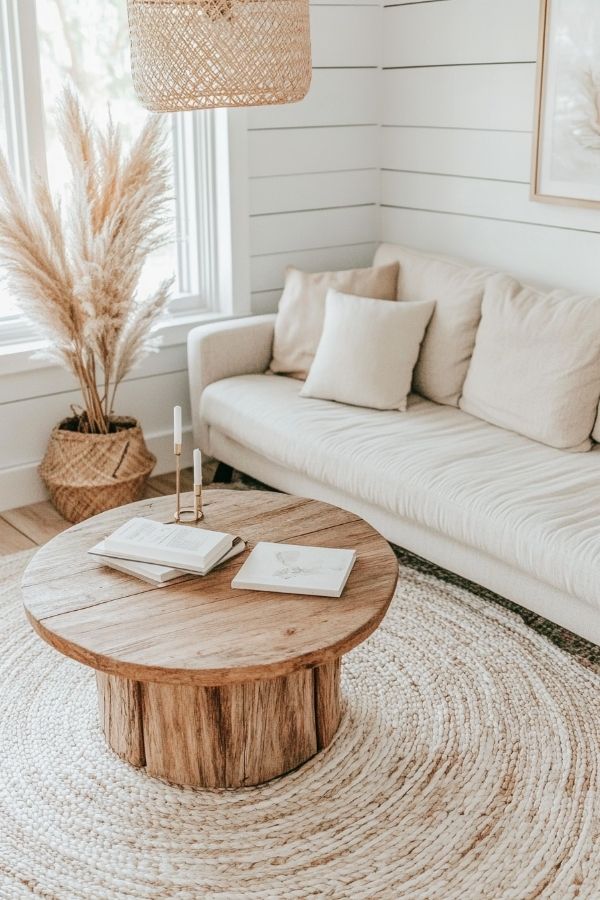 Modern cottage living room with cozy, rustic decor and large windows.