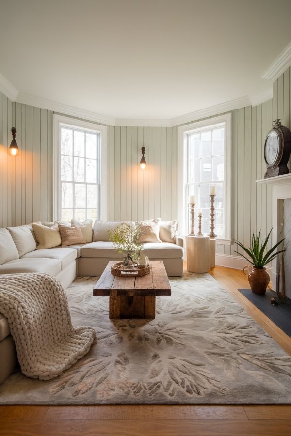 Modern cottage living room with cozy fireplace and rustic decor accents.