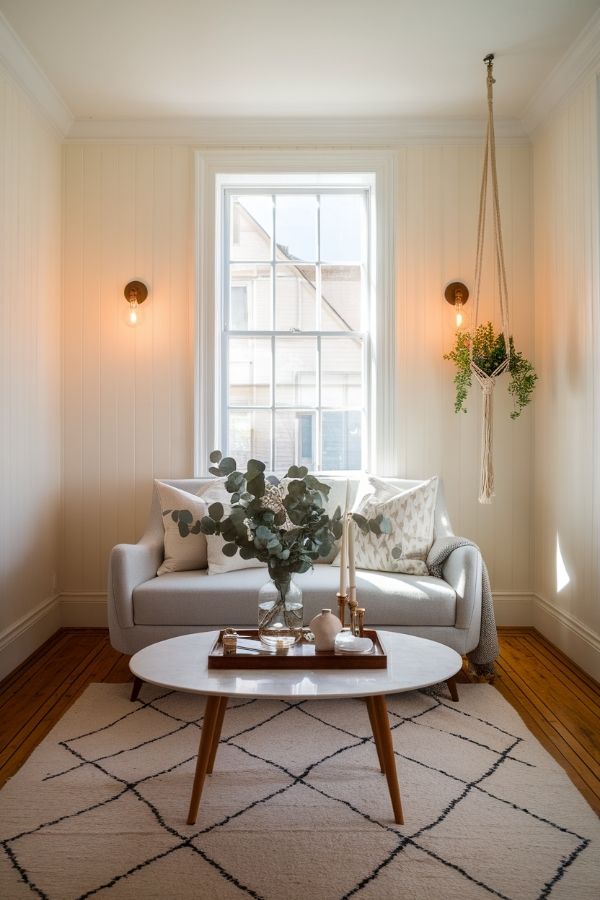 Modern cottage living room with rustic beams and cozy decor.