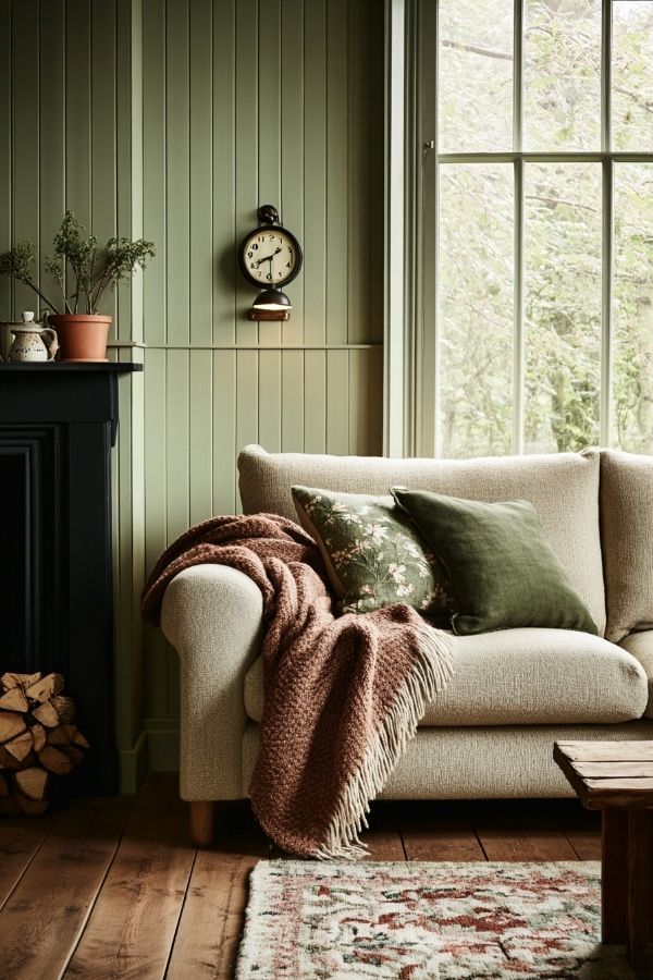 Modern cottage living room with rustic beams and cozy furnishings.