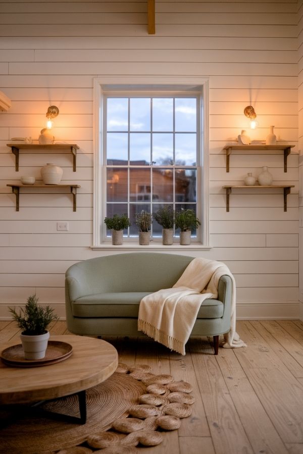 Modern cottage living room with cozy furniture and rustic décor elements.