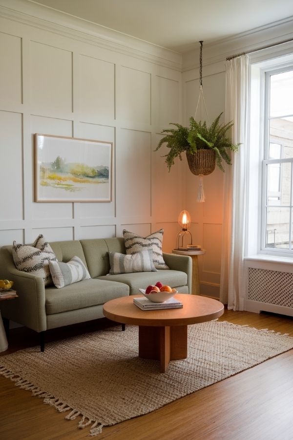 Modern cottage living room featuring cozy seating, rustic wood accents, and natural light.