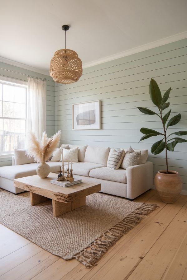 Modern cottage living room with rustic beams, cozy furniture, natural light.