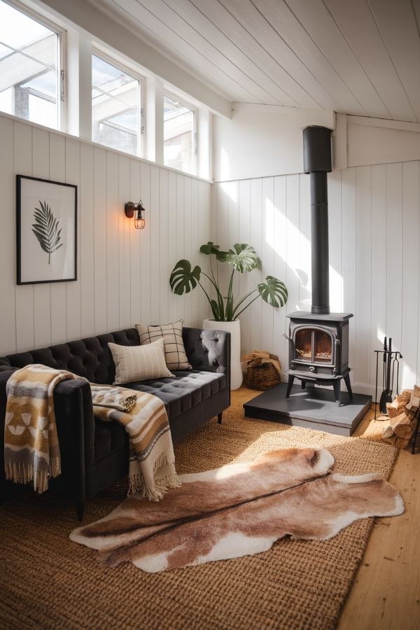 Modern cottage living room with cozy seating and rustic decor.