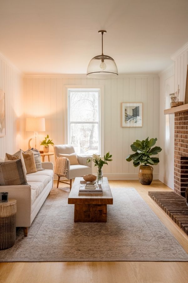 Modern cottage living room featuring cozy textiles and rustic decor elements.