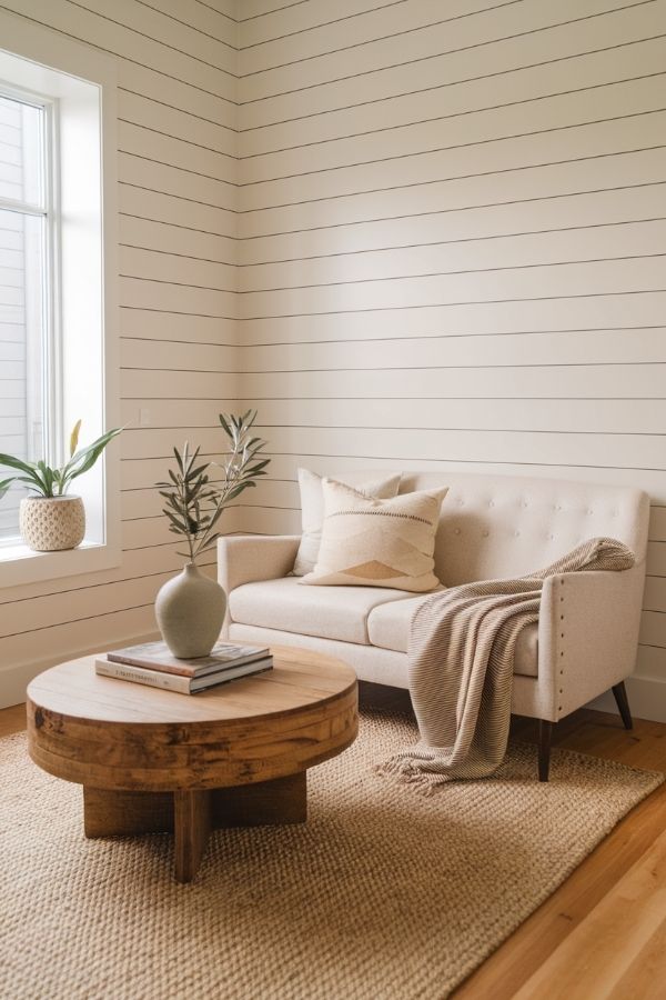 Modern cottage living room with cozy fireplace and rustic decor.