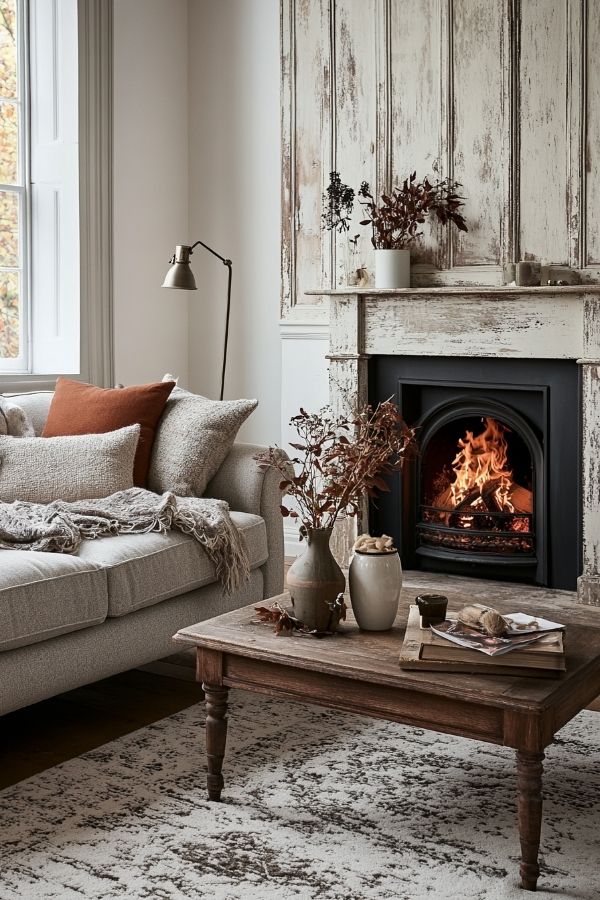 Modern cottage living room with cozy decor and natural light.